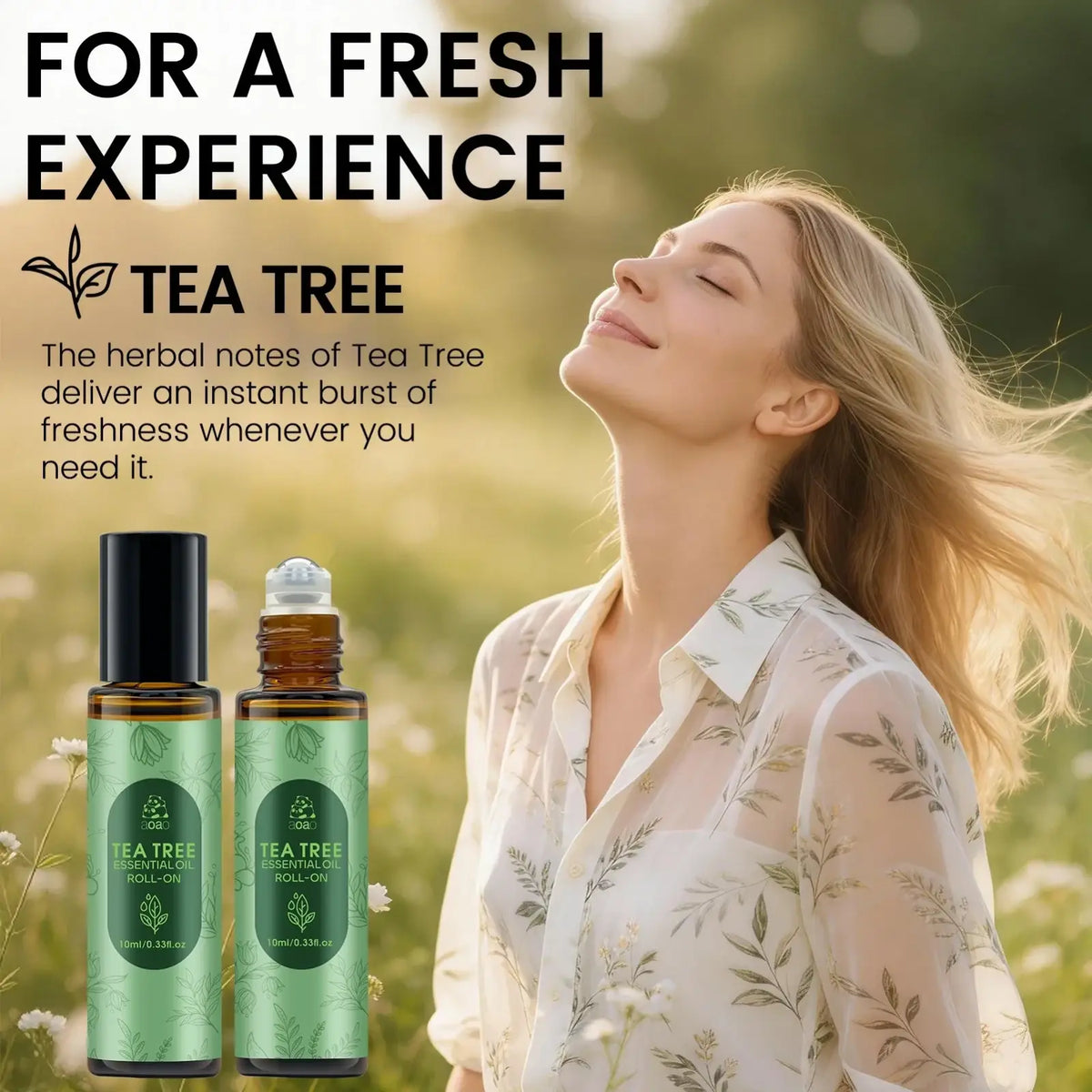 Two 10ml tea tree essential oil roll-ons with matte black caps and green botanical labels for skin care use