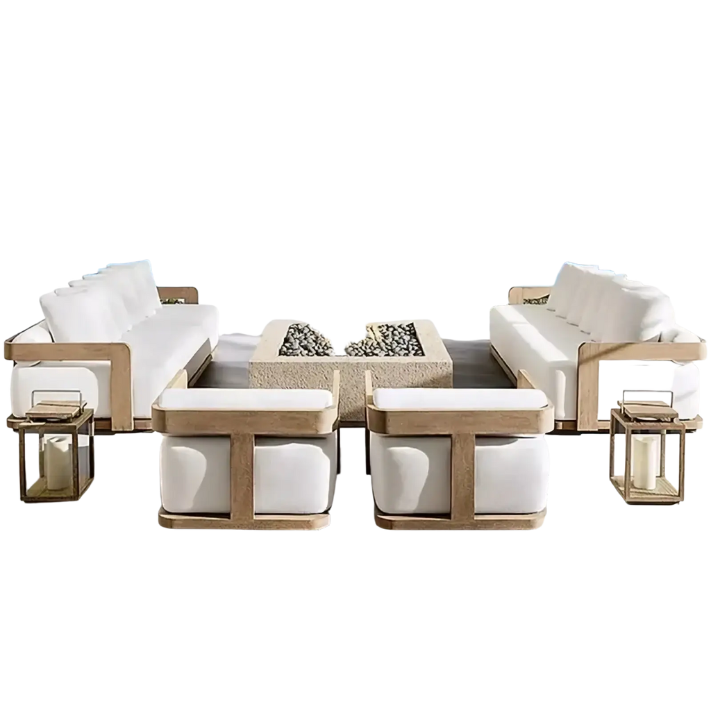 Modern teak outdoor sectional sofa set with white cushions and light wood frames featuring a central fire pit