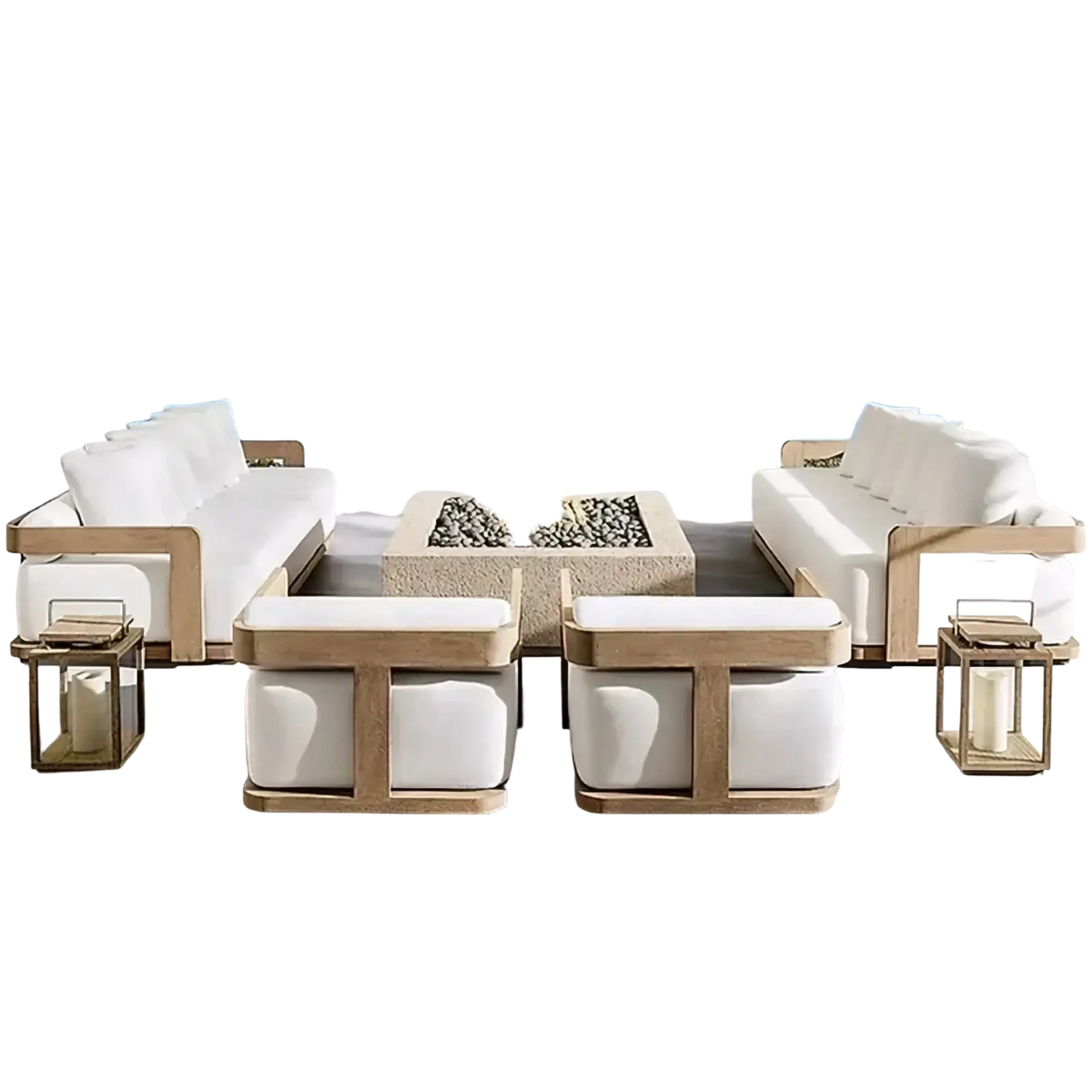 Modern teak outdoor sectional sofa set with white cushions and light wood frames featuring a central fire pit