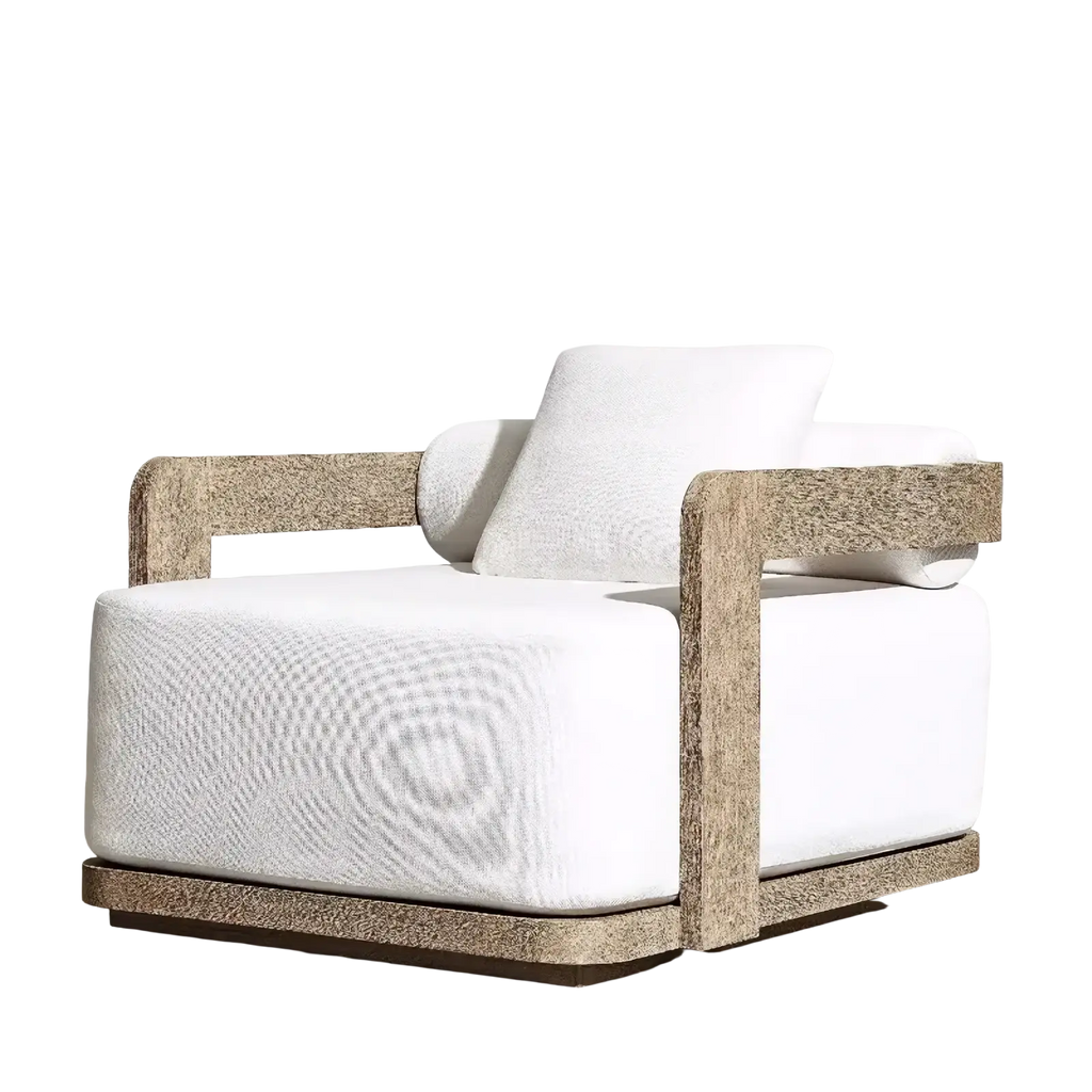 Modern teak outdoor sectional sofa set featuring a light beige stone-like frame armchair with plush white cushions