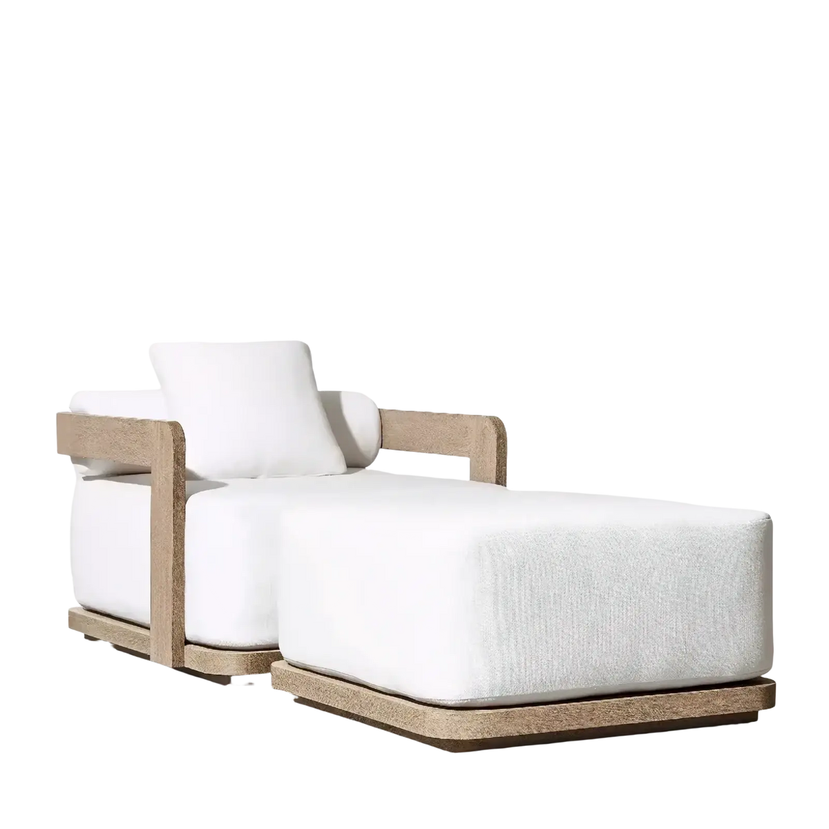 Modern outdoor chaise lounge with light wood frame and white textured fabric cushions in teak sectional sofa set with fire pit