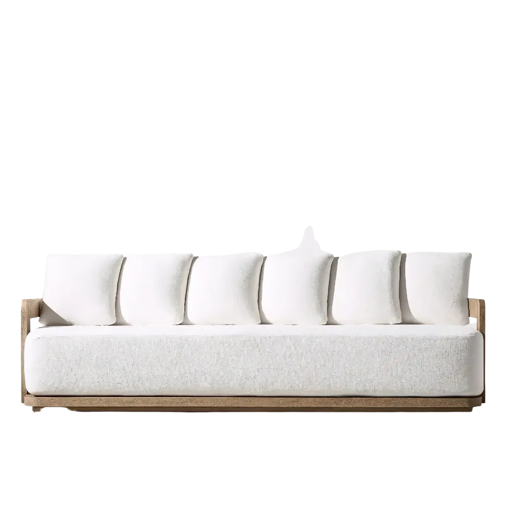 Teak outdoor sectional sofa set with fire pit featuring a modern light gray textured fabric and natural wood frame
