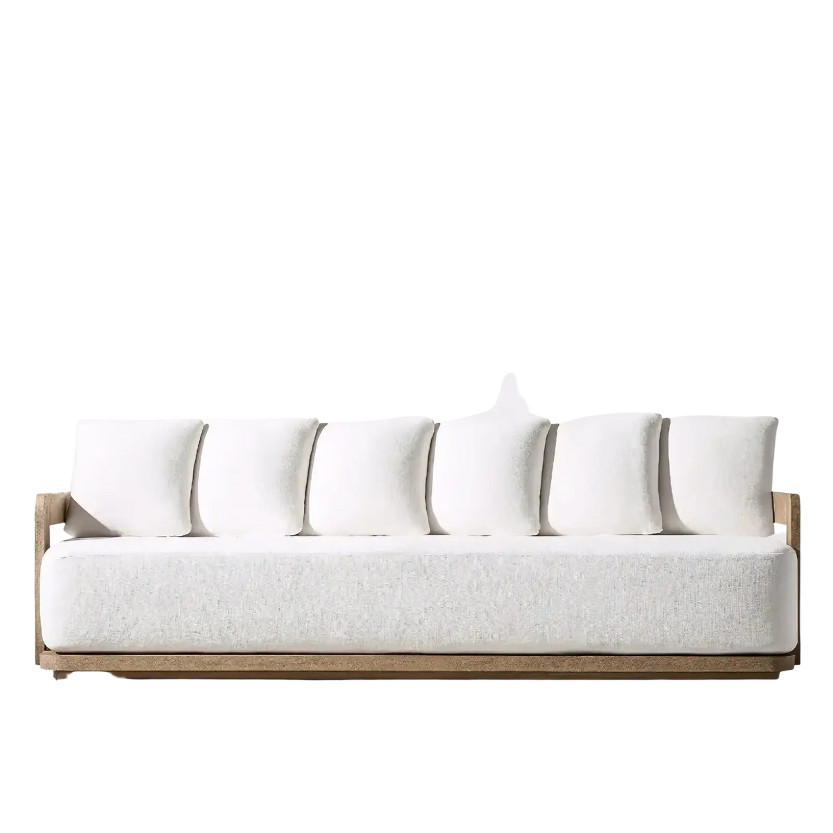 Teak outdoor sectional sofa set with fire pit featuring a modern light gray textured fabric and natural wood frame