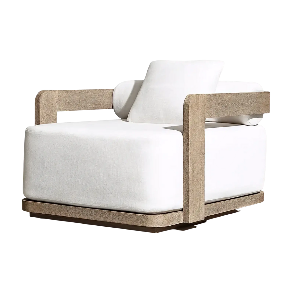 Modern white upholstered armchair with light wood frame and minimalist design in teak outdoor sectional sofa set with fire pit