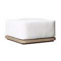 White linen-upholstered ottoman with natural wood base part of teak outdoor sectional sofa set with fire pit