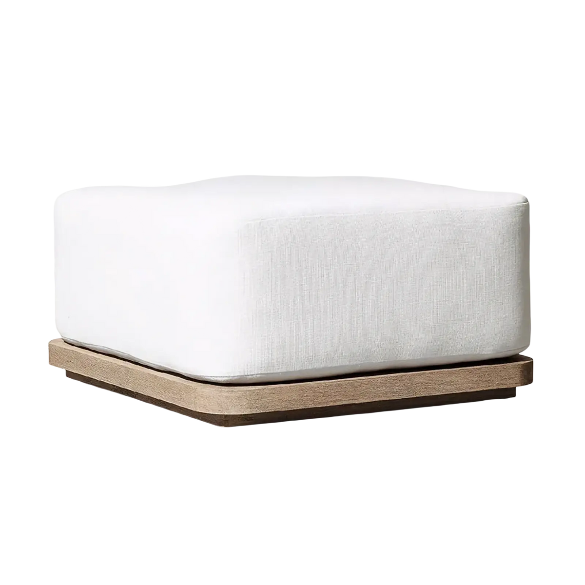 White linen-upholstered ottoman with natural wood base part of teak outdoor sectional sofa set with fire pit