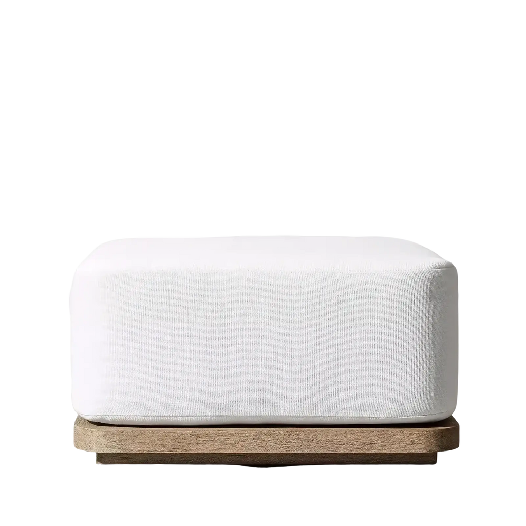 White textured fabric ottoman with wooden base complementing teak outdoor sectional sofa set with fire pit