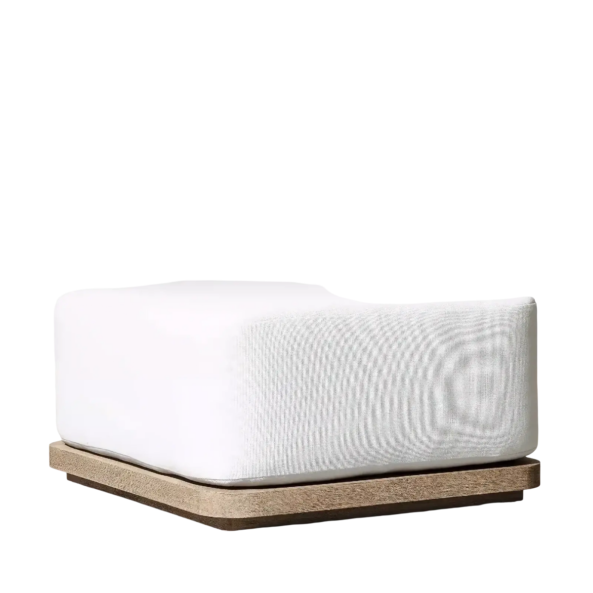 White textured mattress with wooden base on teak outdoor sectional sofa set with fire pit for outdoor use