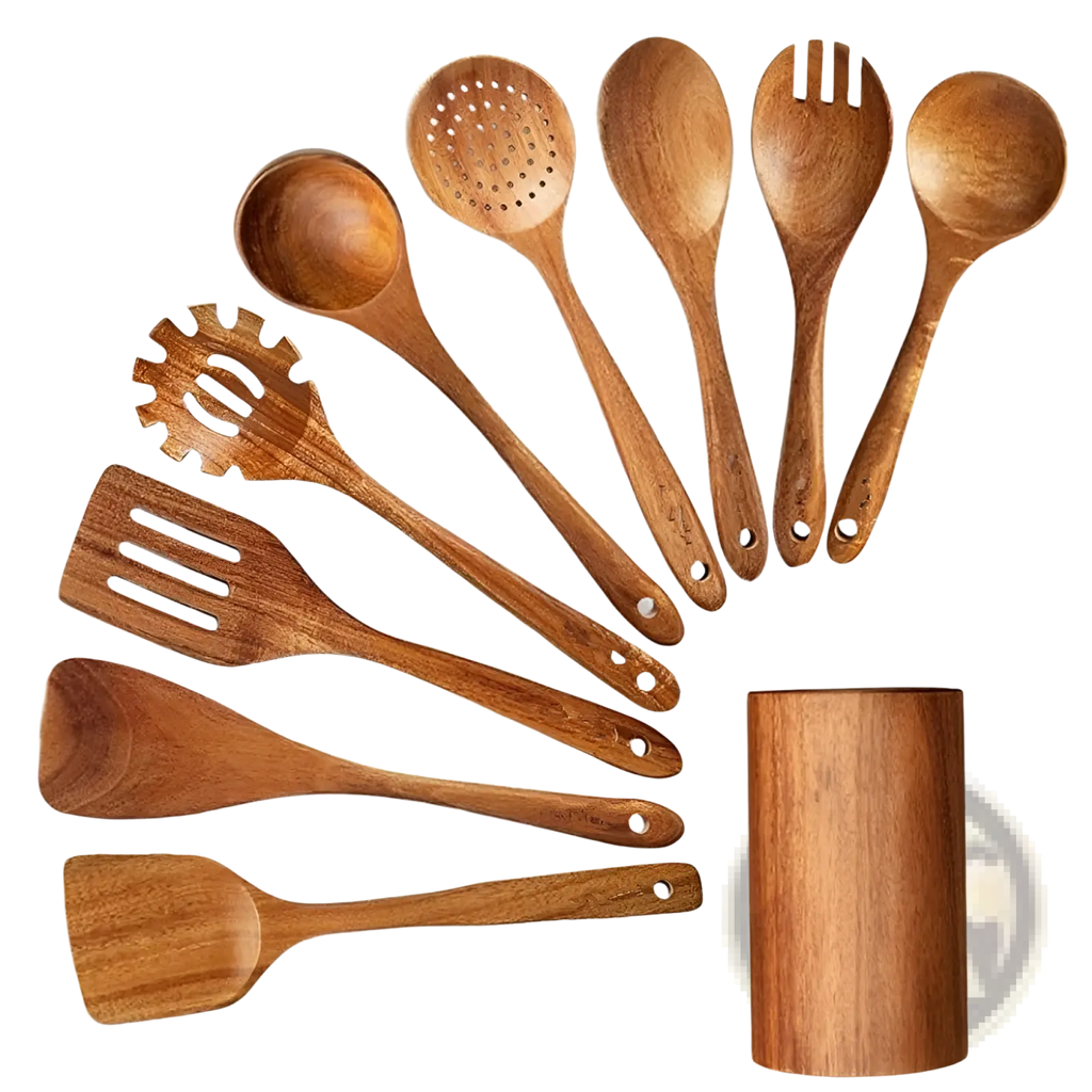 Set of four teak wood cooking utensils with natural wood grain and smooth finish including spoons and spatulas