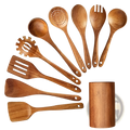 Set of four teak wood cooking utensils with natural wood grain and smooth finish including spoons and spatulas
