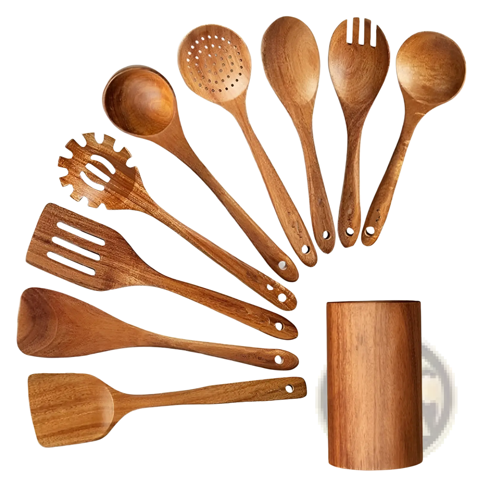 Set of four teak wood cooking utensils with natural wood grain and smooth finish including spoons and spatulas