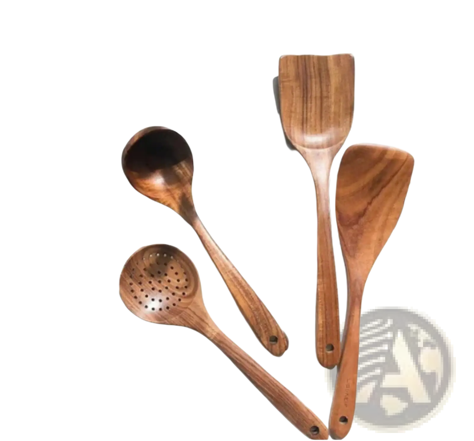 Set of four teak wood cooking utensils with natural wood grain and smooth polished finish for kitchen use