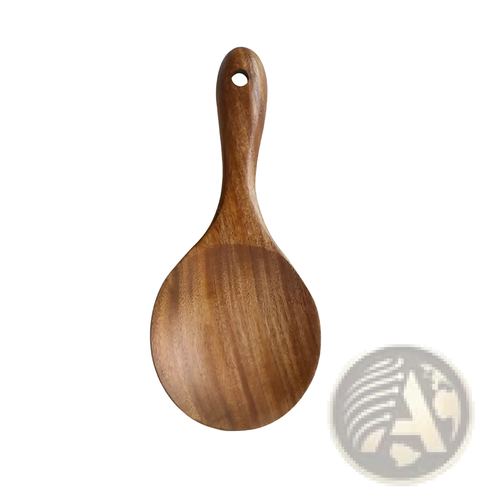 A smooth medium brown teak wood cooking spoon with a rounded head and curved handle with hole in a 4 piece set