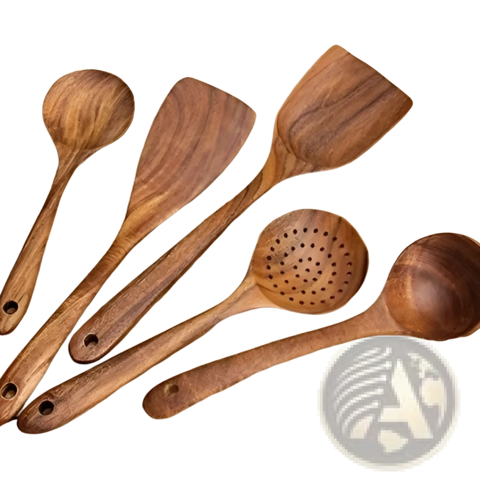Set of six natural teak wood kitchen utensils with smooth polished surfaces including spoons spatulas and strainer