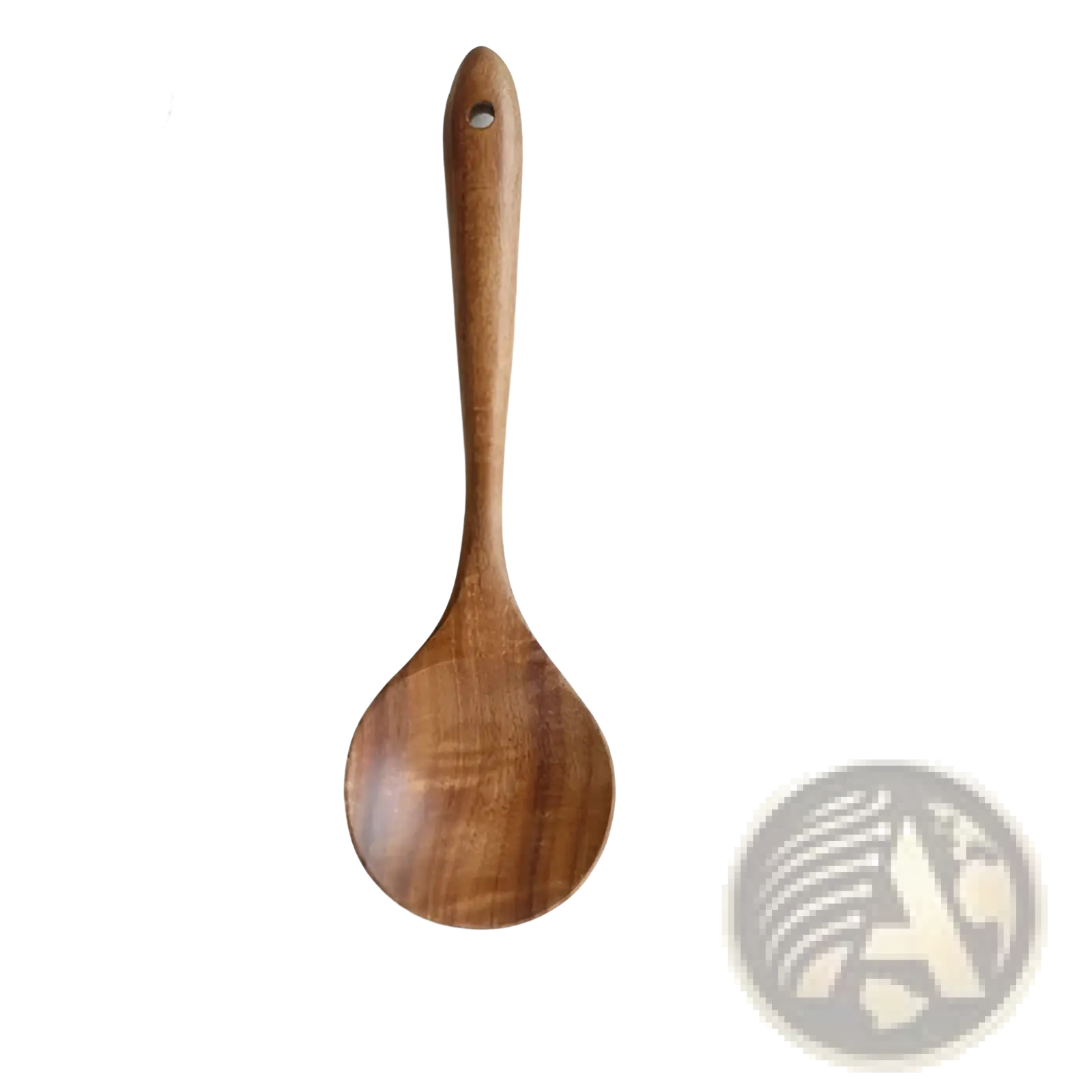 A smooth medium-brown teak wood cooking spoon with rounded head and slender handle for kitchen use