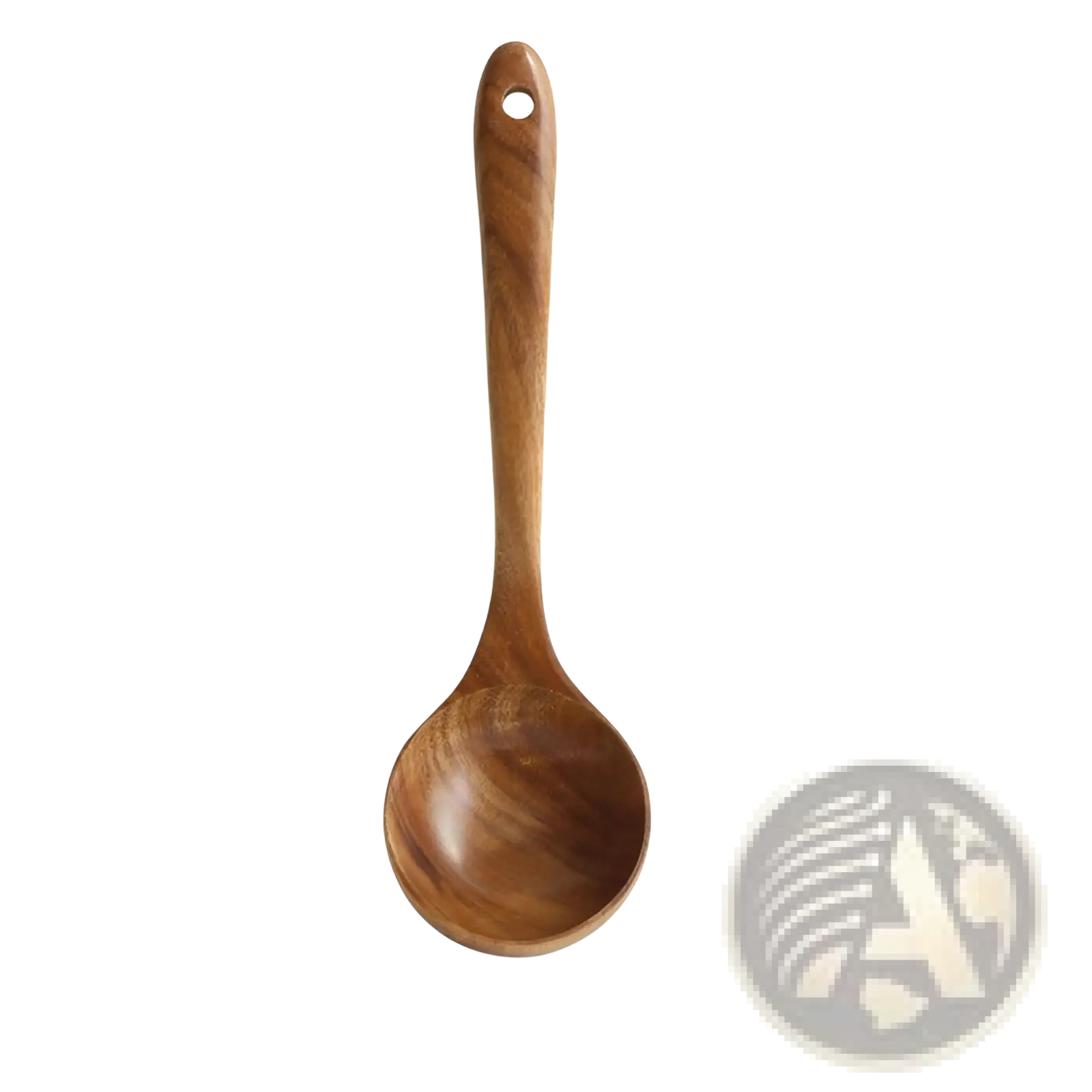 A 27cm long teak wood cooking spoon with smooth polished finish and natural wood grain pattern from a 4 piece set