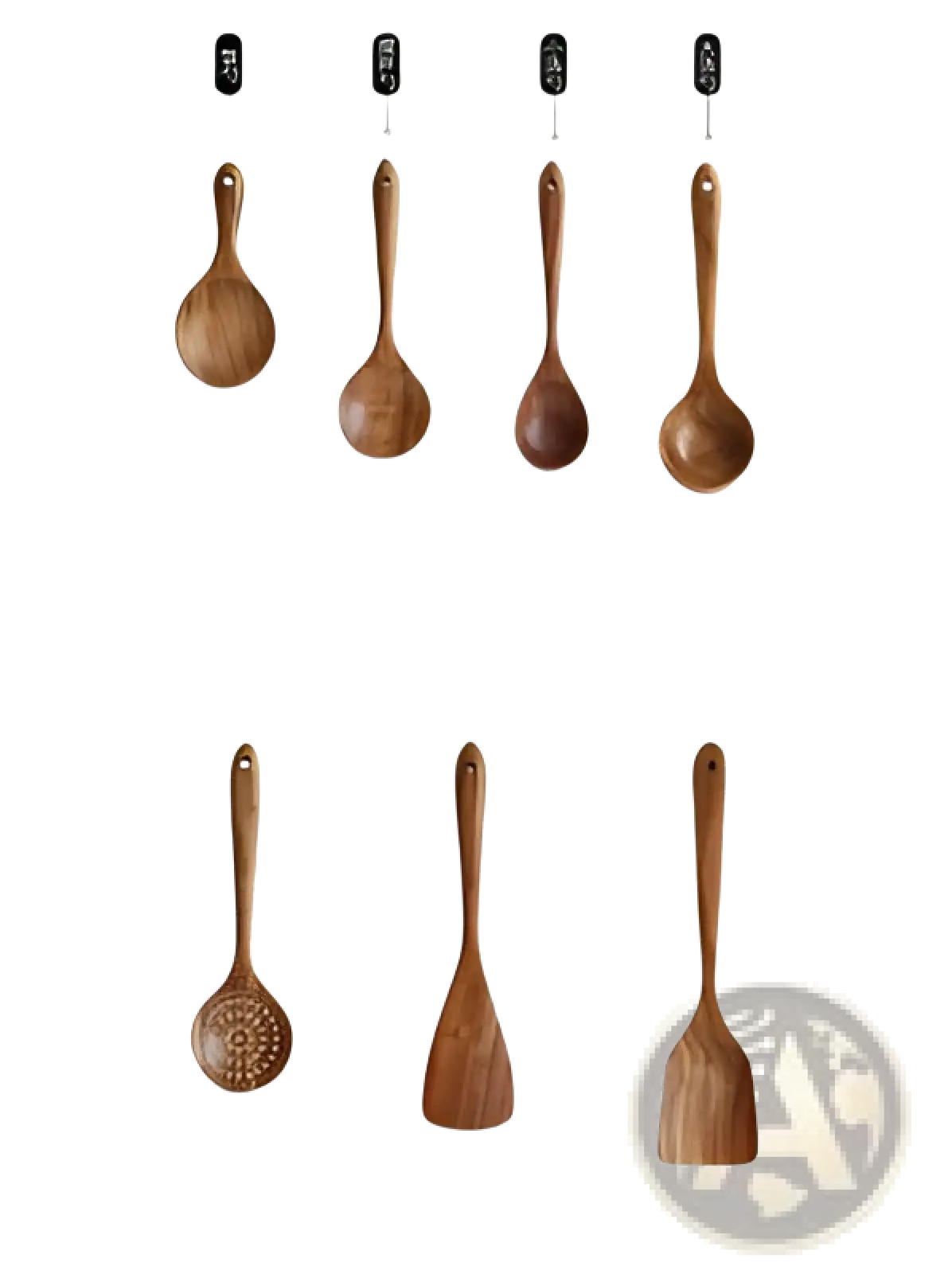 Set of teak wood cooking utensils in natural tones featuring spoons and spatulas with smooth polished surfaces