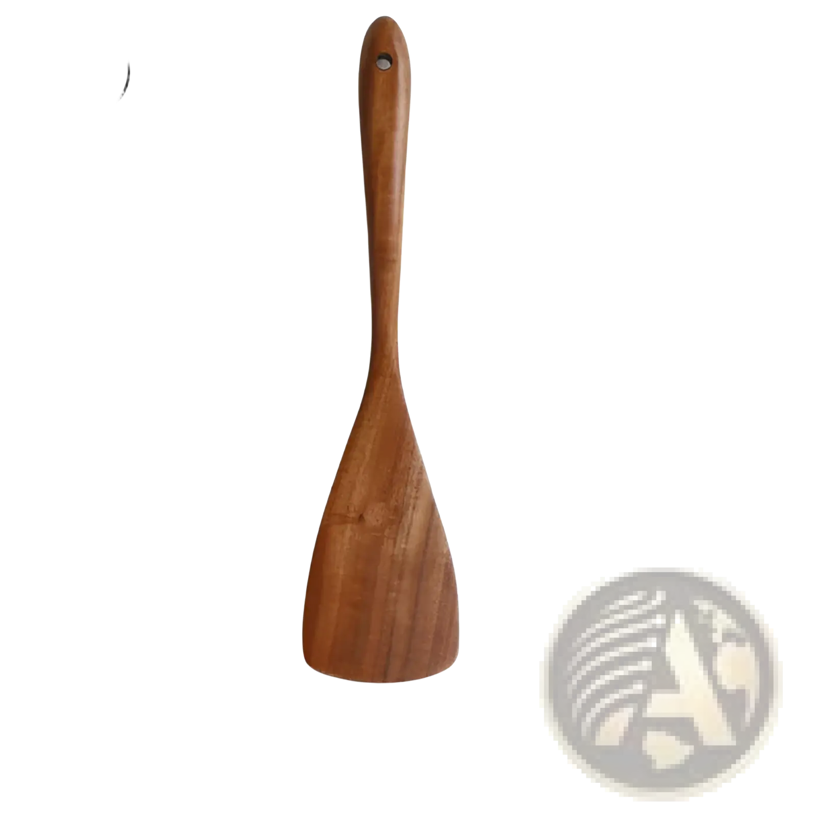 A 32cm long teak wood spatula with smooth natural brown finish and visible grain from a 4 piece cooking set