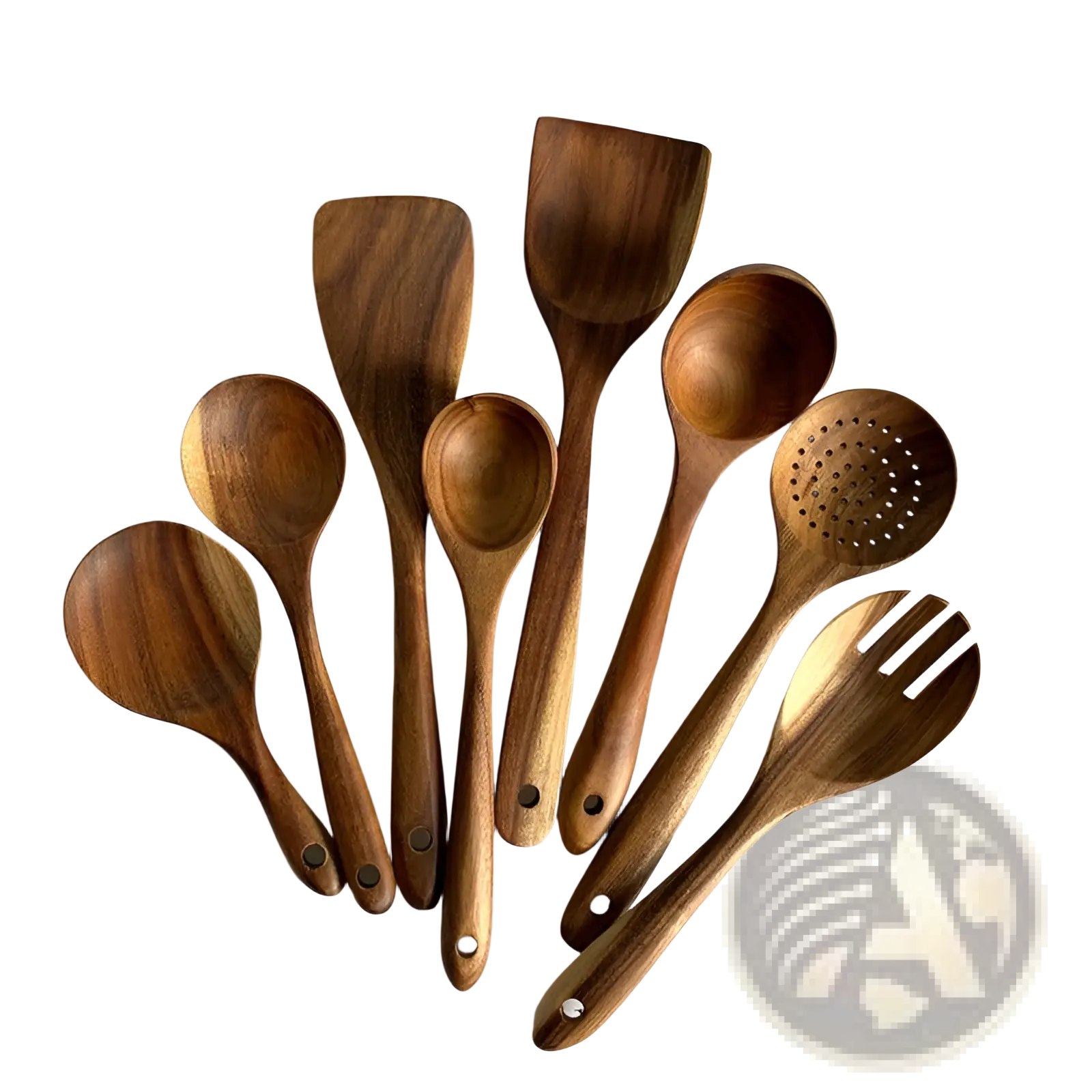 Teak wood cooking utensil set of four rustic kitchen tools in warm brown tones with natural wood grain and varied shapes