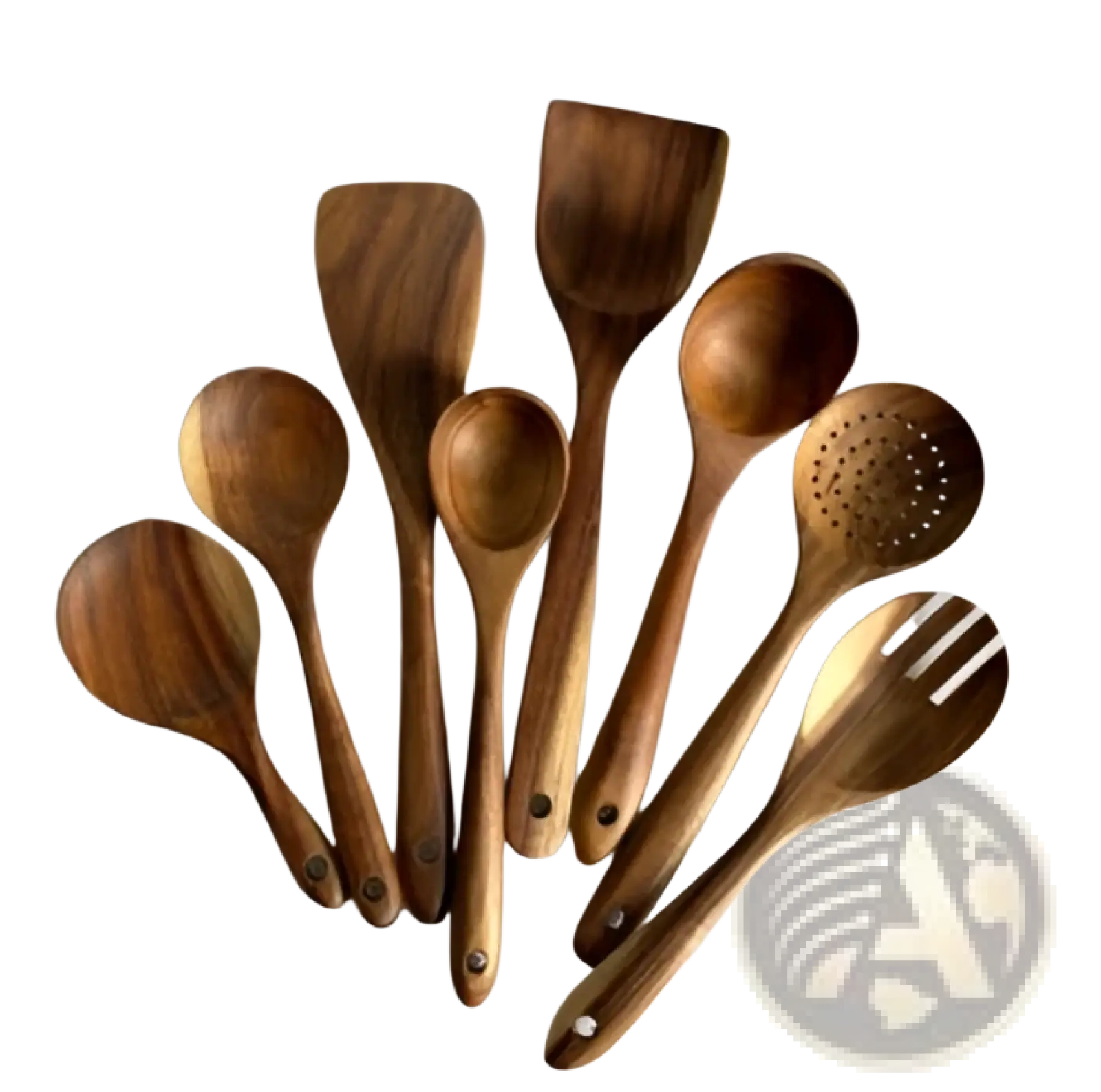Teak wood cooking utensil set with natural wood grain smooth rounded handles 4 piece kitchen tools