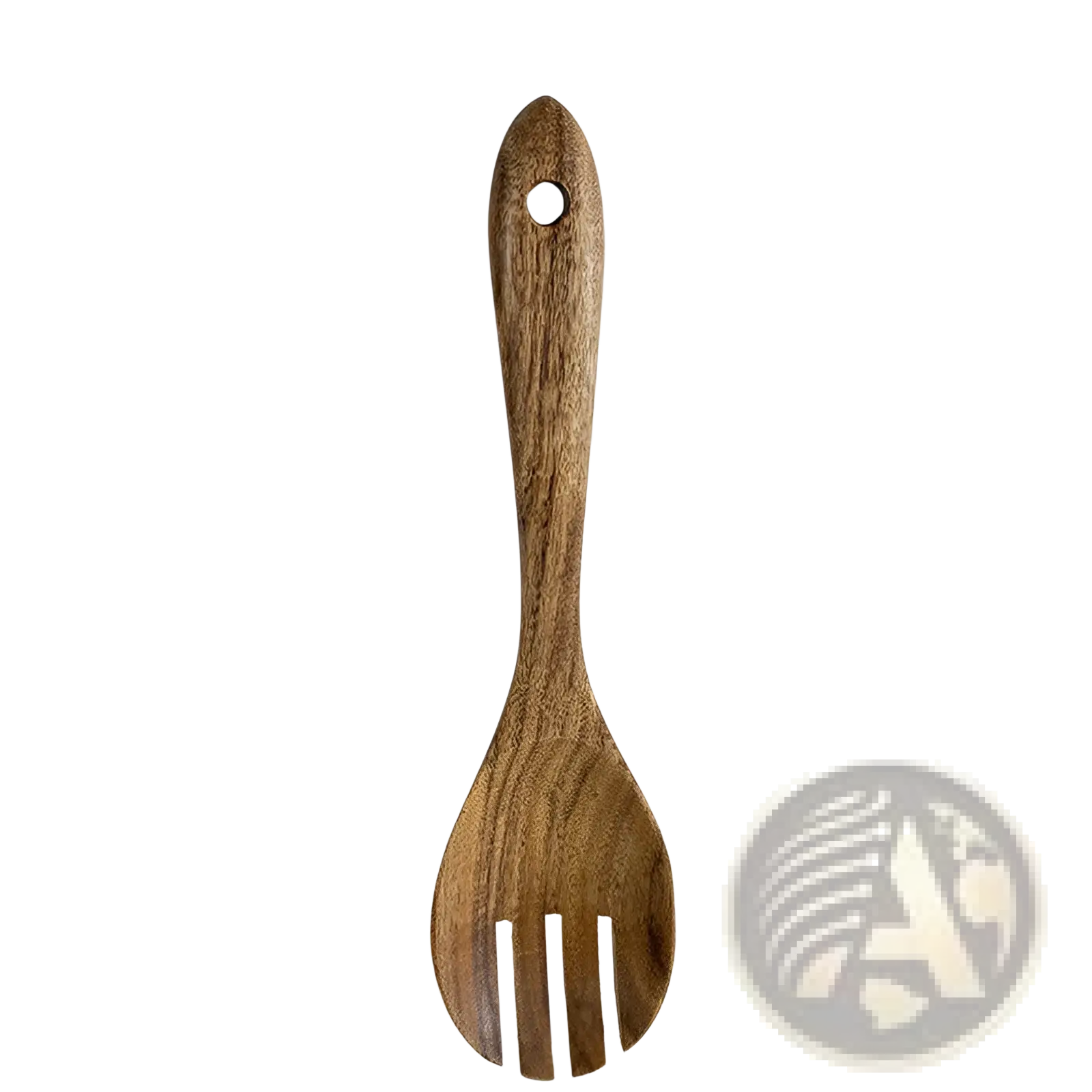 A 26cm teak wood salad server with natural brown finish and three tines for serving from a 4-piece kitchen set