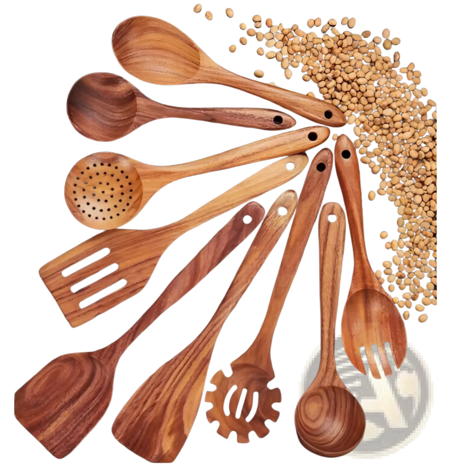 Set of nine natural wood grain wooden kitchen utensils including spoons spatulas and slotted tools for cooking use