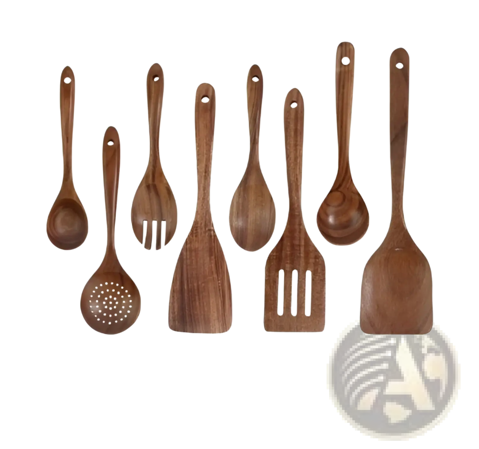 Set of eight teak wood kitchen utensils with natural wood grain and smooth rounded handles for cooking use