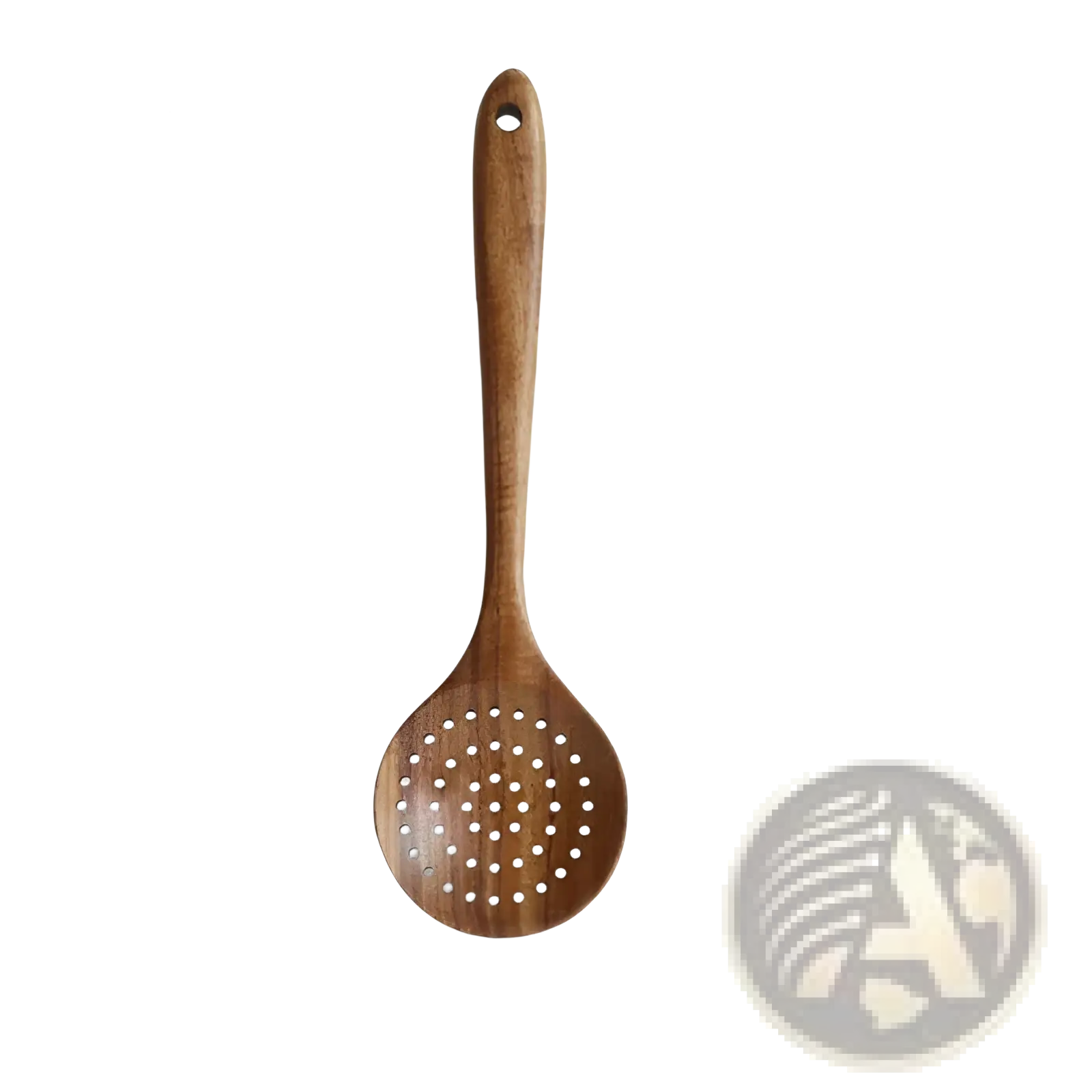 A 28cm teak wood slotted spoon with a smooth natural brown finish and evenly spaced holes, part of a 4 piece kitchen set