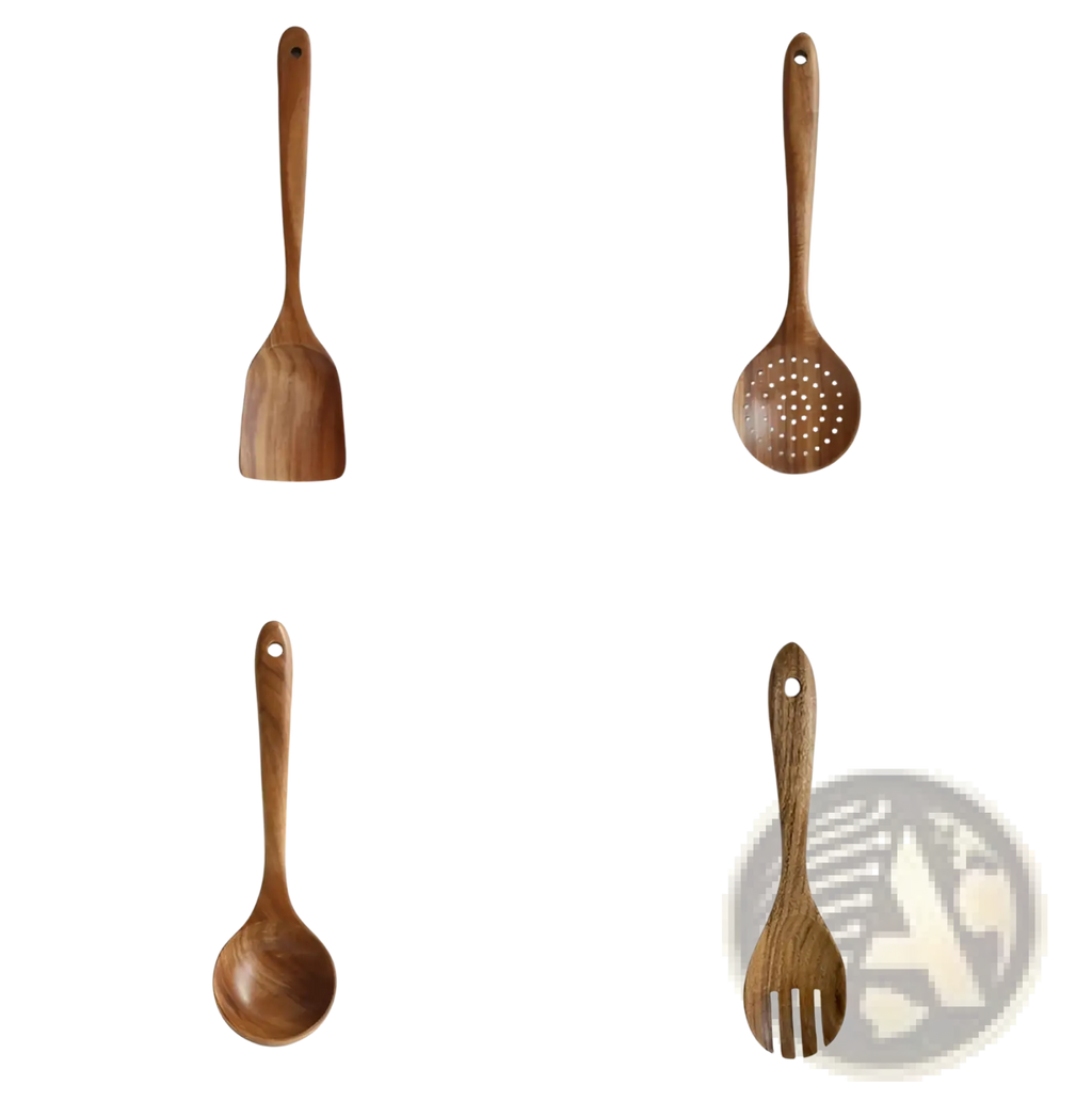 Set of four teak wood cooking utensils including flat spatula slotted spoon solid ladle and forked spoon for kitchen use