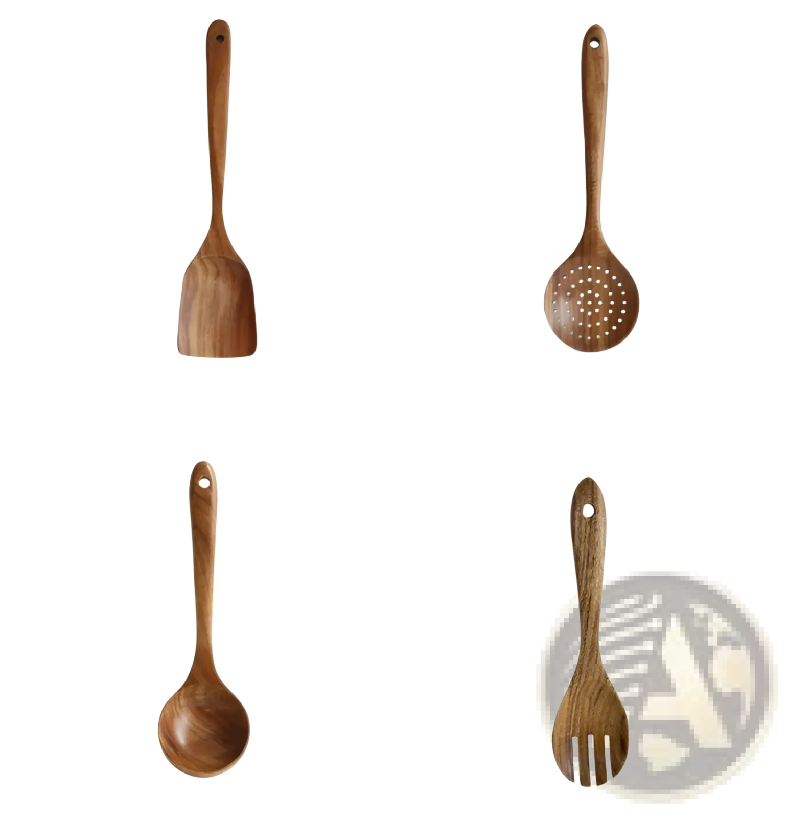Set of four teak wood cooking utensils including flat spatula slotted spoon solid ladle and forked spoon for kitchen use