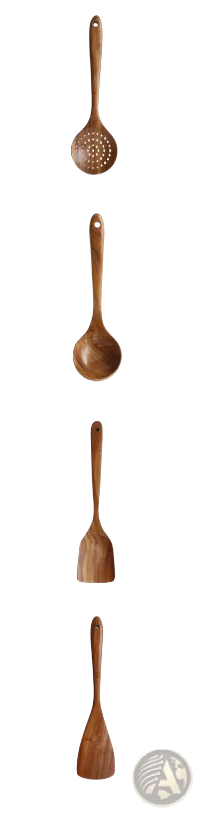 Set of four teak wood cooking utensils including slotted spoon ladle spatula and flat turner in natural finish
