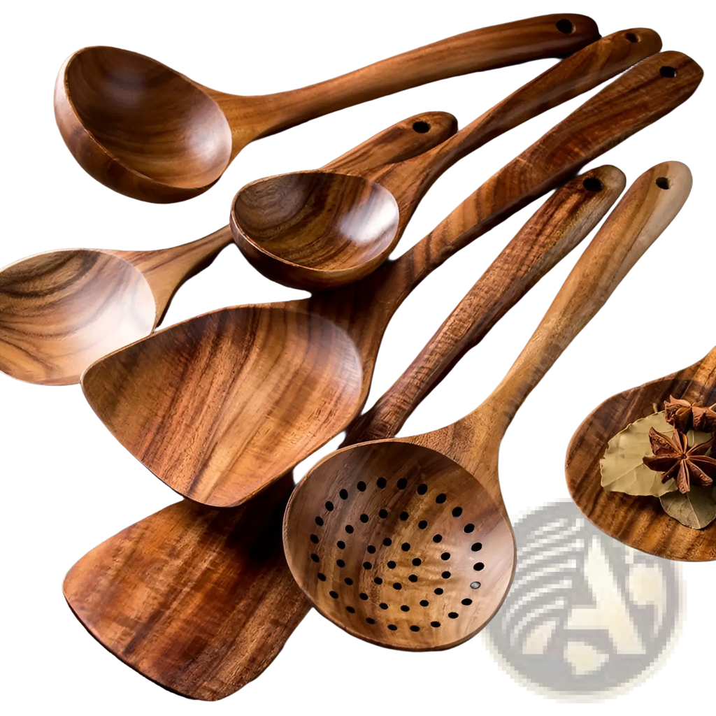 Set of four teak wood cooking utensils with rich warm brown tones and natural wood grain patterns for kitchen use