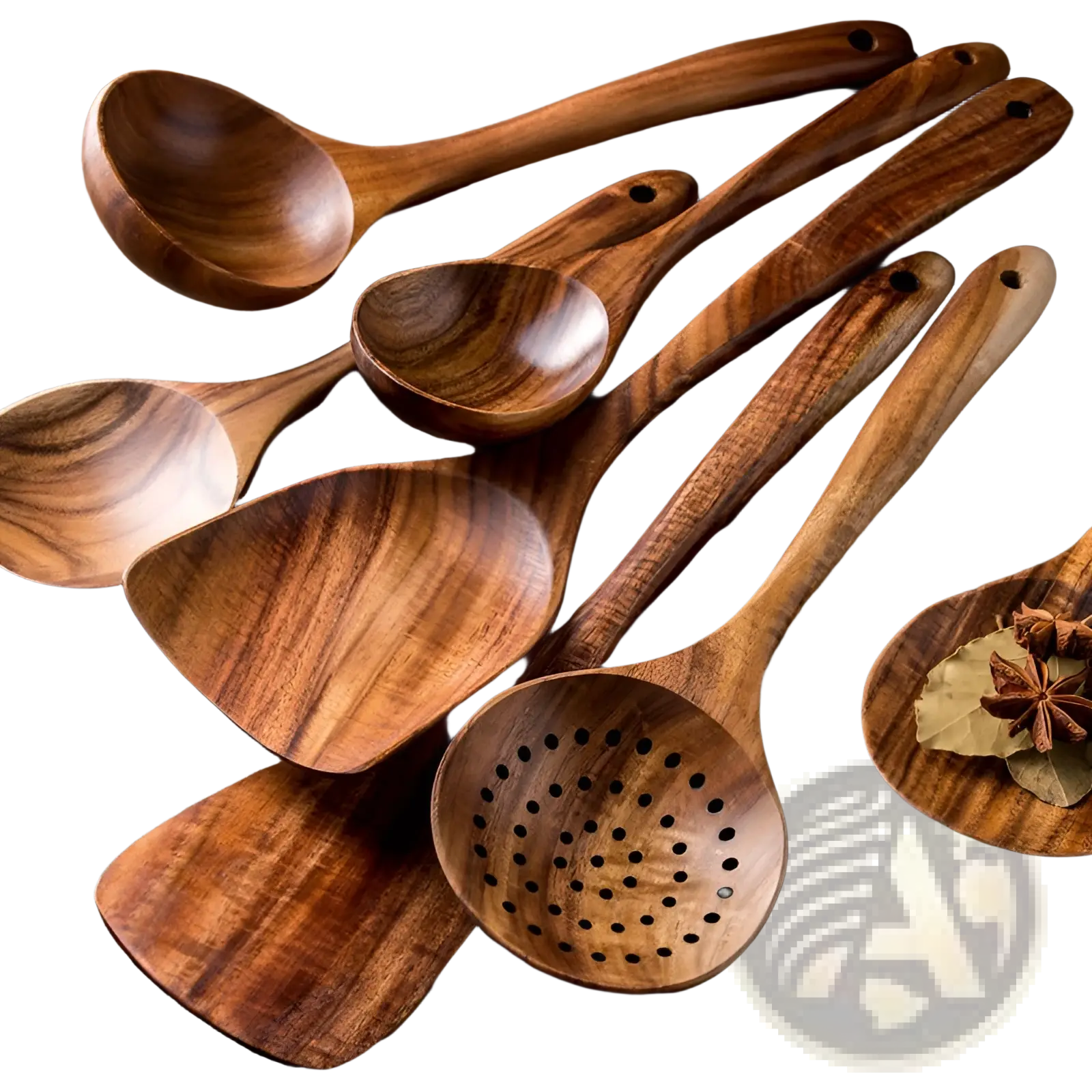 Set of four teak wood cooking utensils with rich warm brown tones and natural wood grain patterns for kitchen use