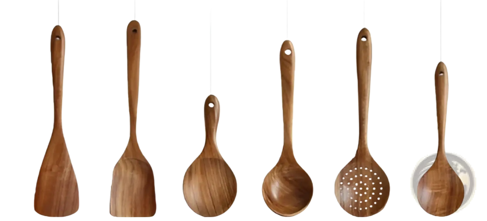 Set of six natural wood grain teak wood cooking utensils with smooth rounded handles for kitchen use