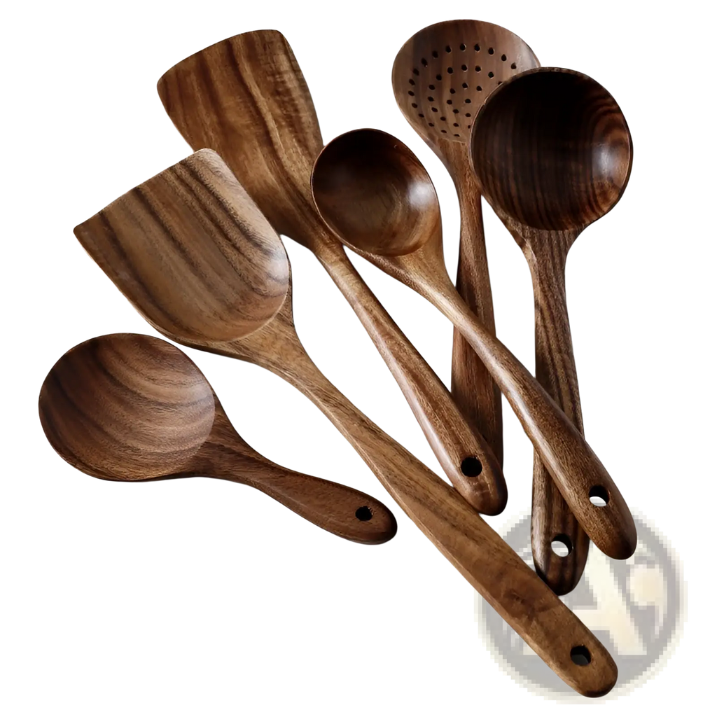 Set of six dark brown teak wood kitchen utensils with natural wood grain and rounded handles for cooking use