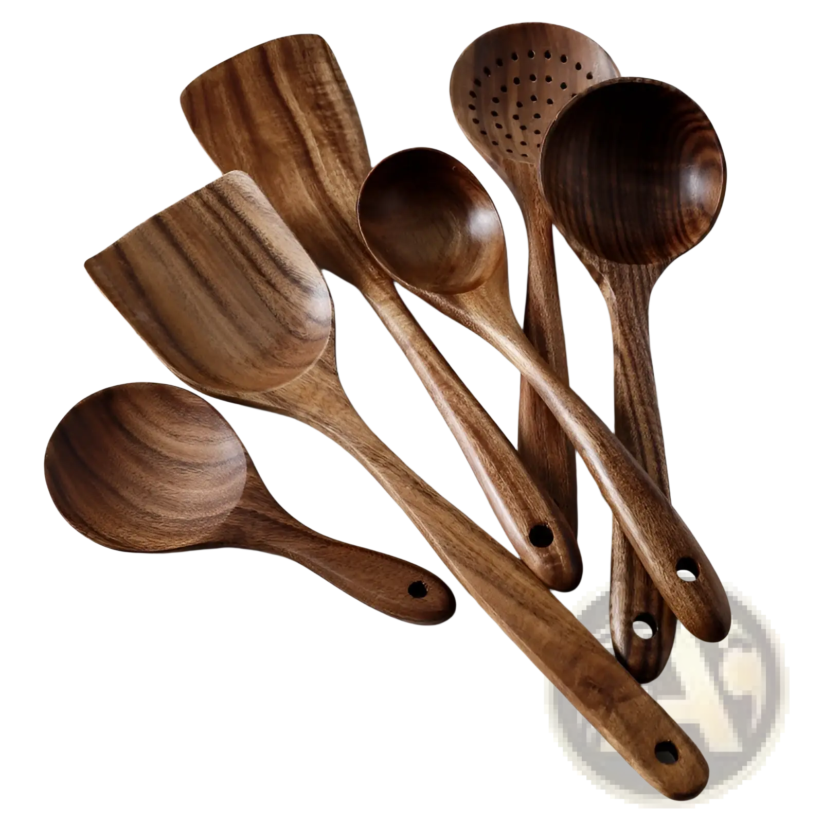 Set of six dark brown teak wood kitchen utensils with natural wood grain and rounded handles for cooking use