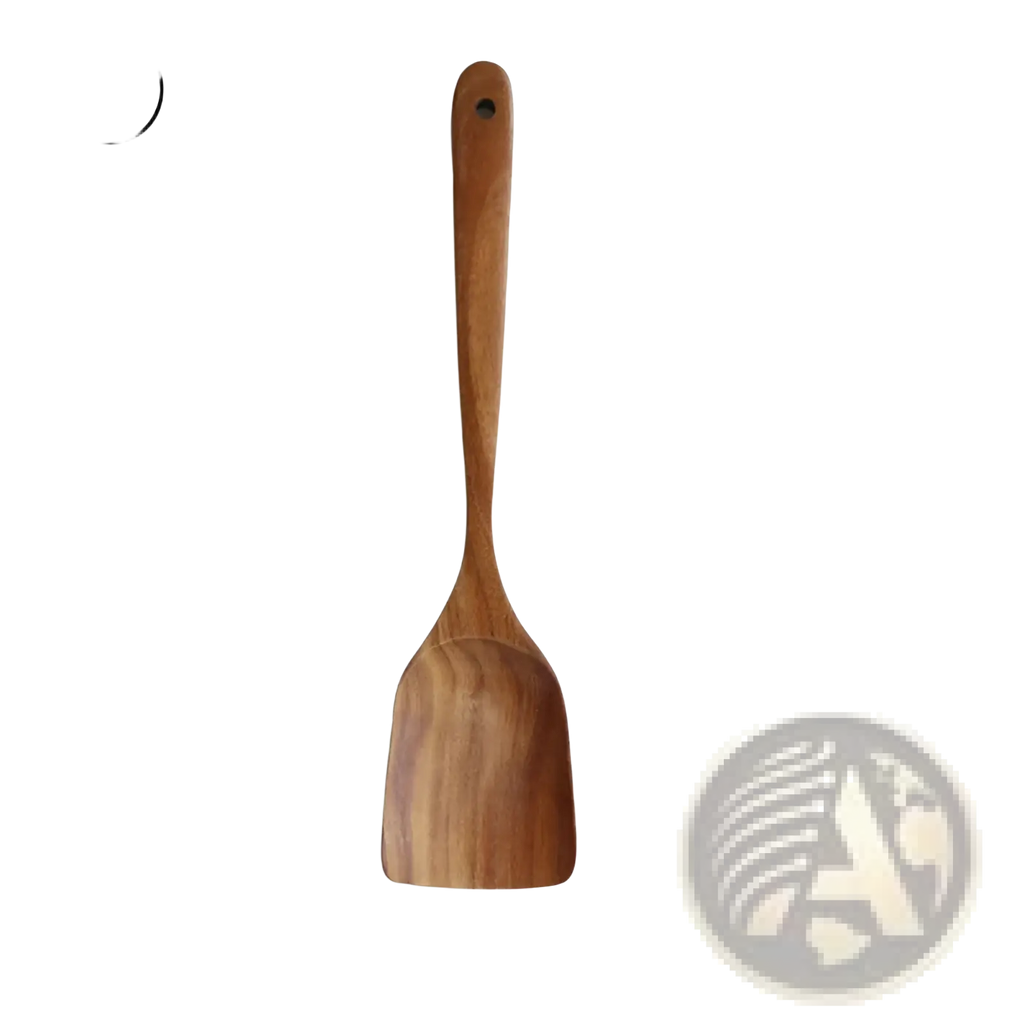 A sleek 33cm teak wood spatula with a smooth natural finish and subtle grain from a 4 piece cooking utensil set