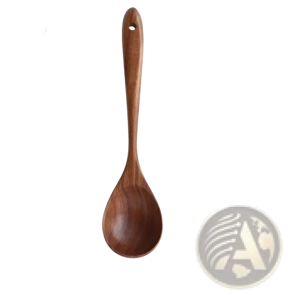 A smooth medium-brown teak wood cooking spoon with rounded bowl and slender handle from a 4 piece utensil set