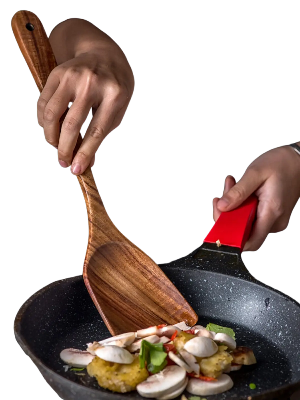 A wooden spatula from a teak wood cooking utensil set with a smooth polished finish and natural wood grain