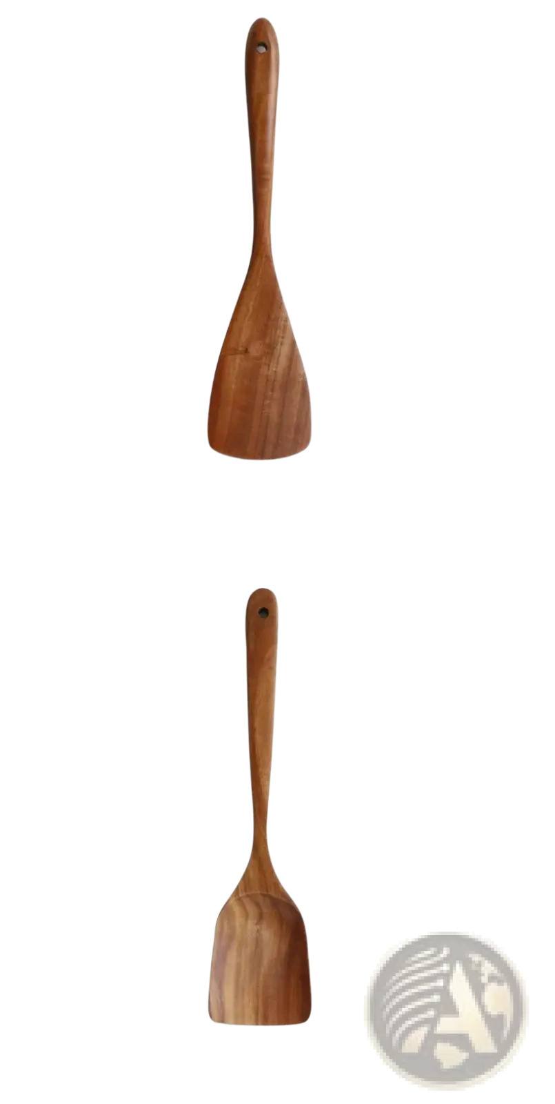 A teak wood spatula with a smooth natural finish and slightly curved blade from a 4 piece cooking utensil set