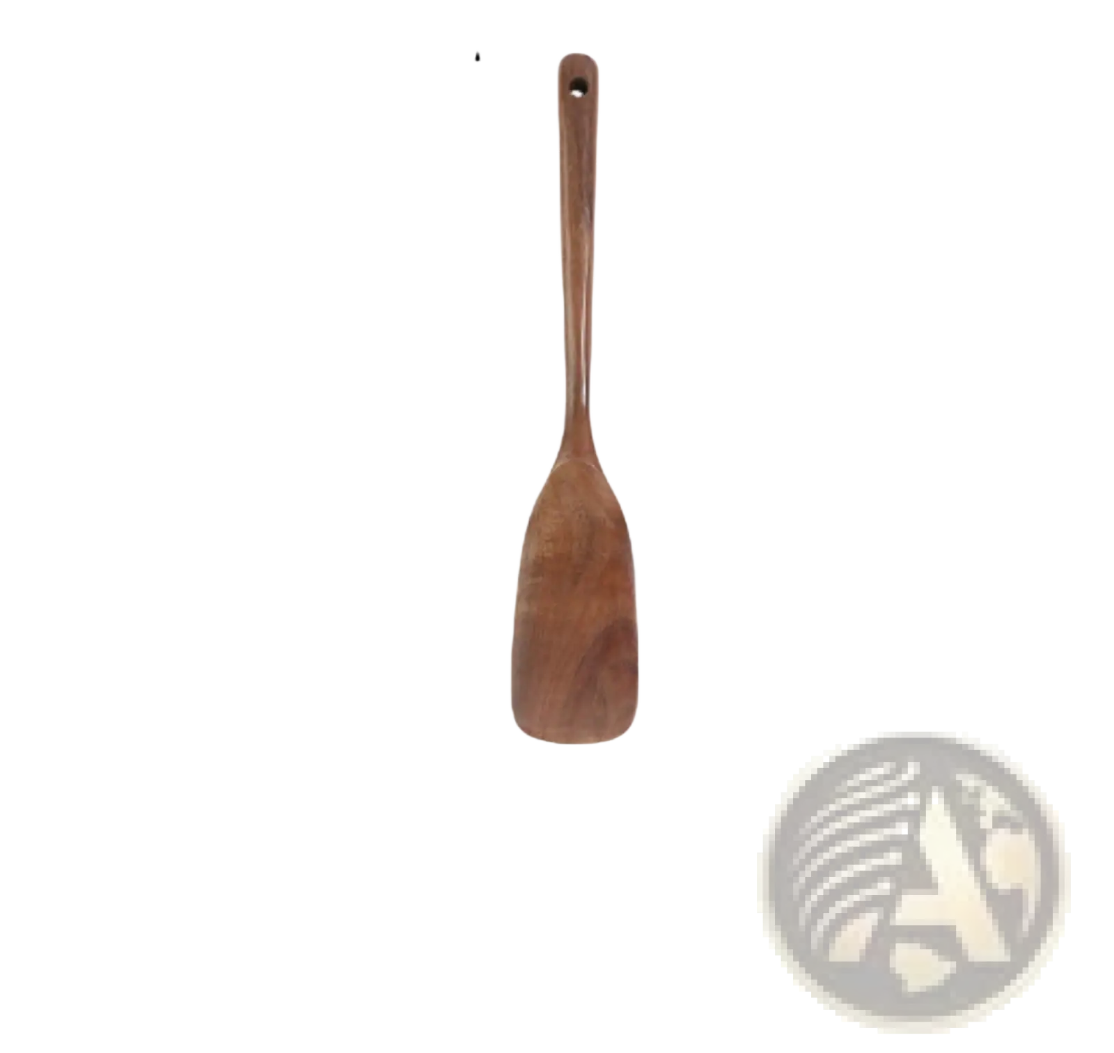 A teak wood cooking utensil set featuring a wooden square spatula with a smooth natural finish and rounded edges