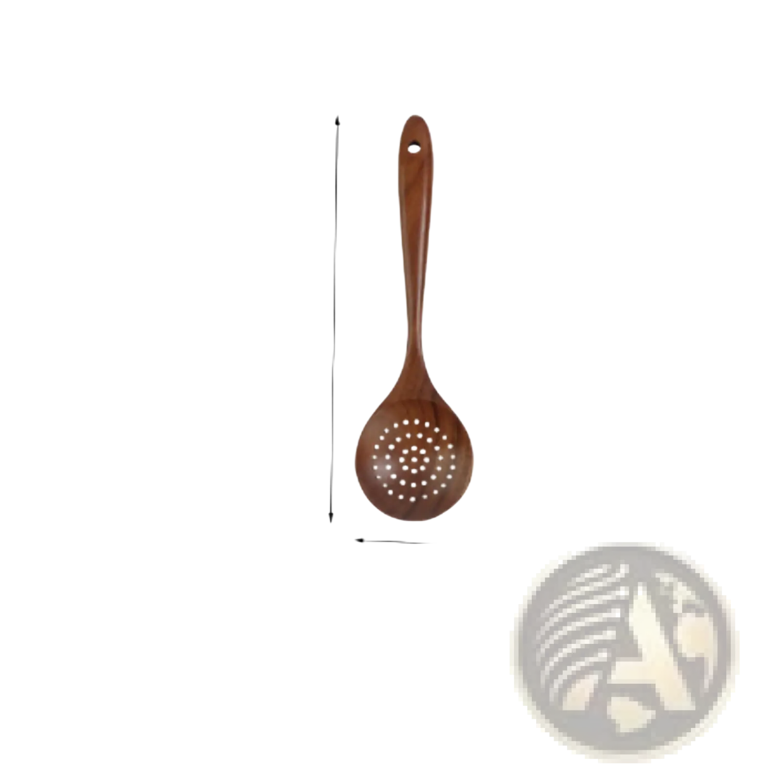 28cm teak wood cooking spoon with dark brown finish and perforated rounded bowl from 4 piece utensil set