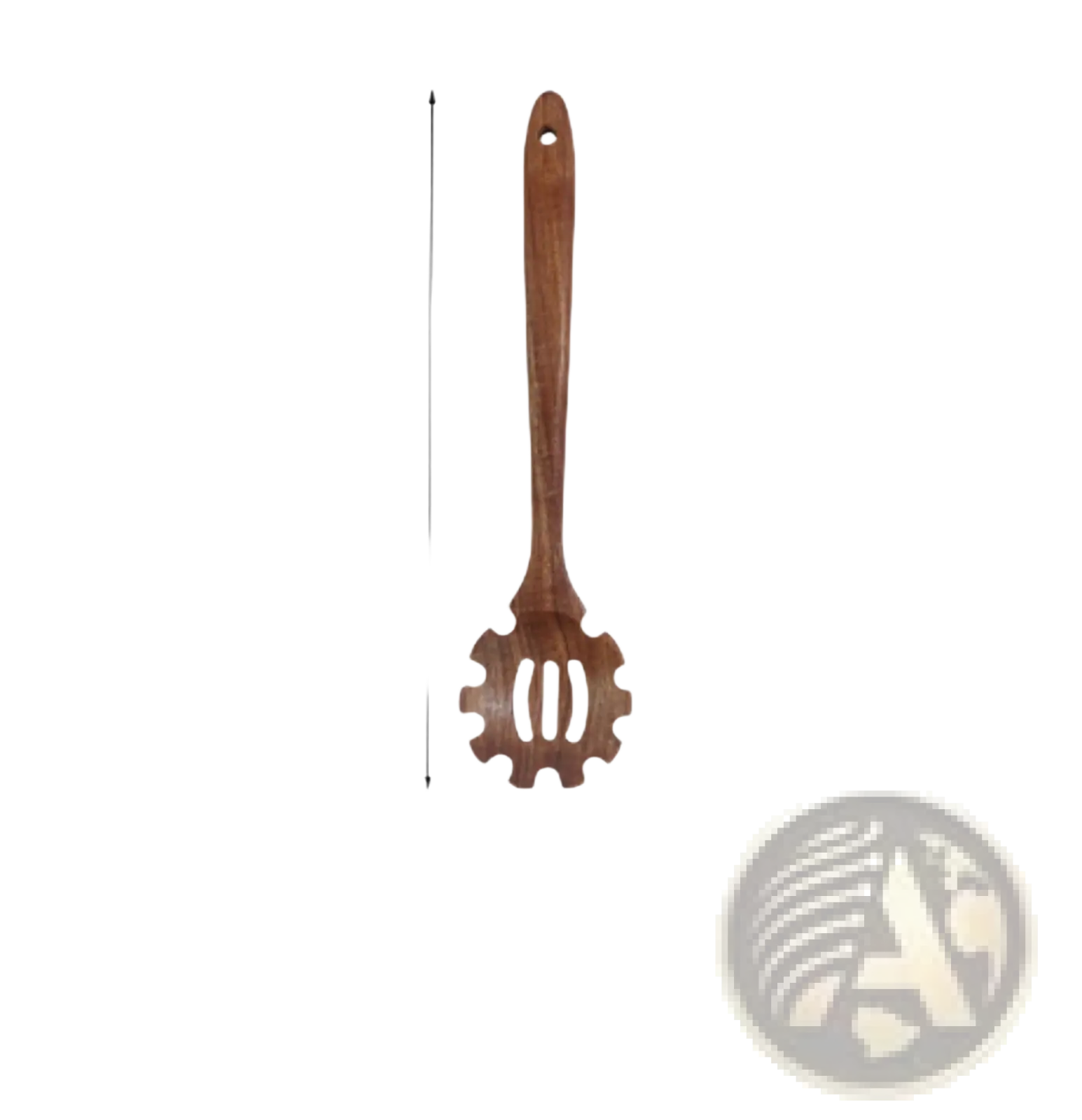 A wooden pasta server with smooth medium brown teak finish and three parallel slots from a 4 piece cooking utensil set