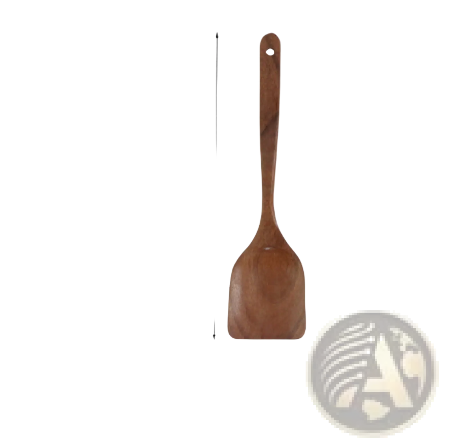 A smooth medium-brown teak wood spatula with rounded head and curved handle from a 4 piece cooking utensil set