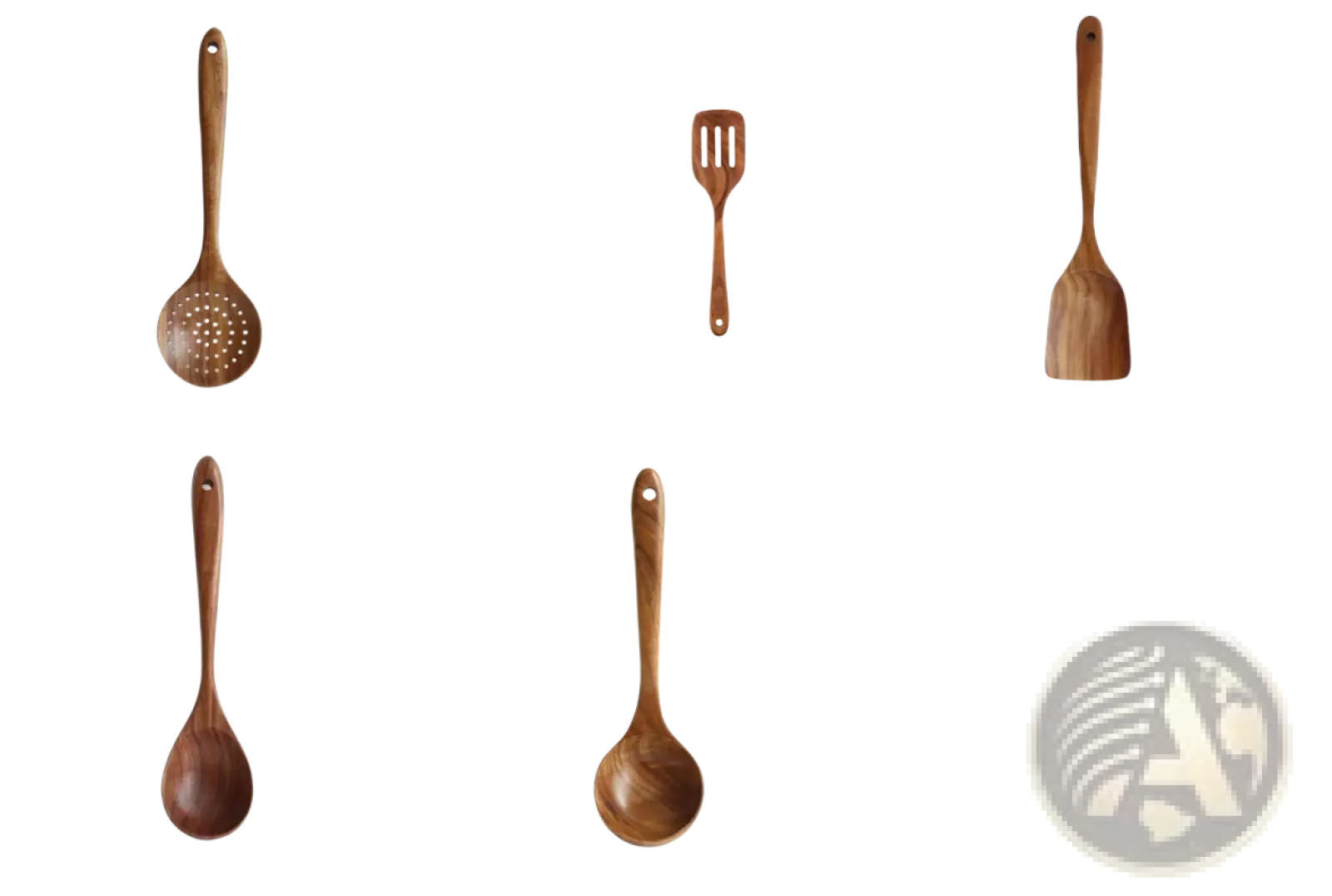 Wooden spoon with smooth rounded bowl and slender handle made of teak wood in a four-piece kitchen utensil set
