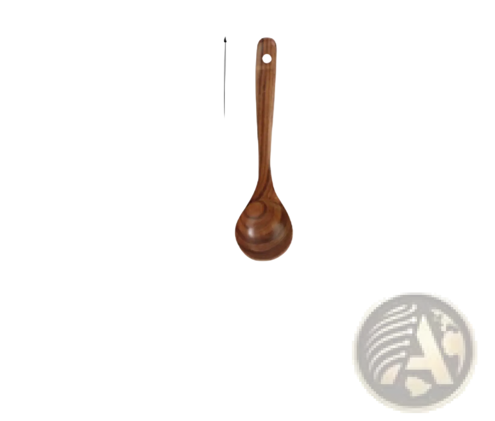A smooth medium-brown teak wood soup spoon with rounded bowl and slender handle from a 4 piece cooking utensil set