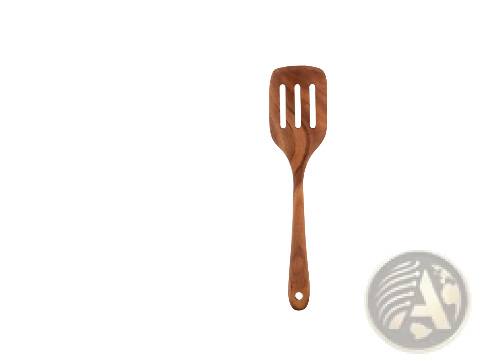 A teak wood spatula with a smooth natural finish and three vertical slots from a 4 piece cooking utensil set