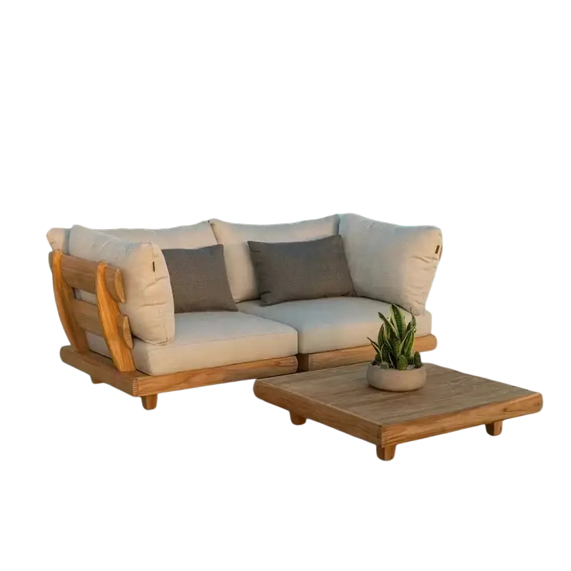 Beige and gray cushioned wood garden sofa set with a teak wood garden frame and matching coffee table for outdoor use