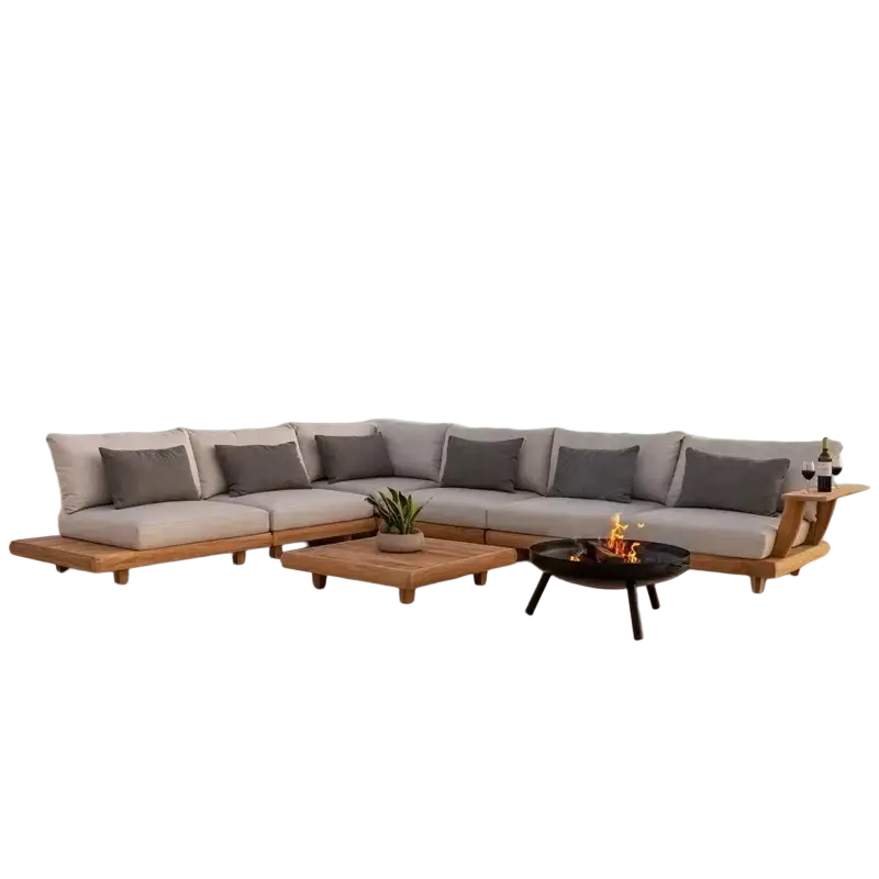 Modern outdoor sectional sofa set with light gray cushions and teak wood garden frame for weather resistant patio use