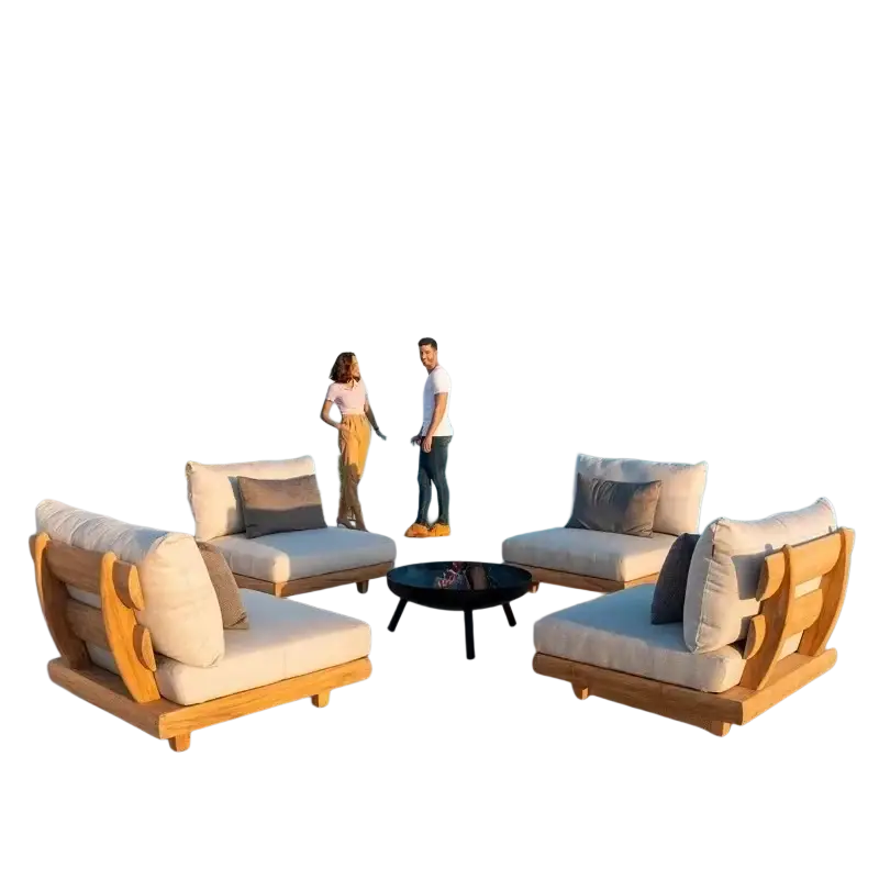 Modern teak wood garden sofa set with light wood frames and cream cushions for weather resistant outdoor use
